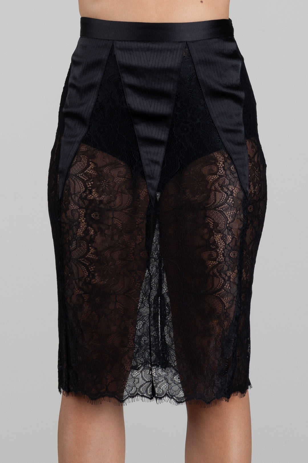 Elisabetta Franchi Gonna Midi a Matita In Tessuto Tecnico e Pizzo GO21268E2 NERO