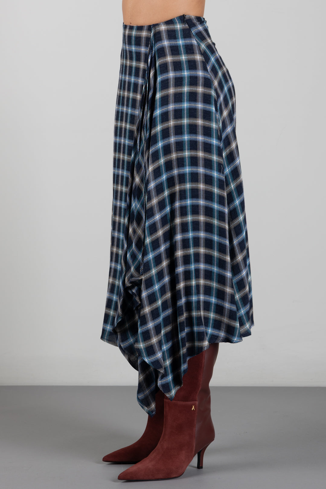 Manila Grace Gonna Midi Asimmetrica a Quadri con Drappeggio N153VQ EVENING BLUE :AI26