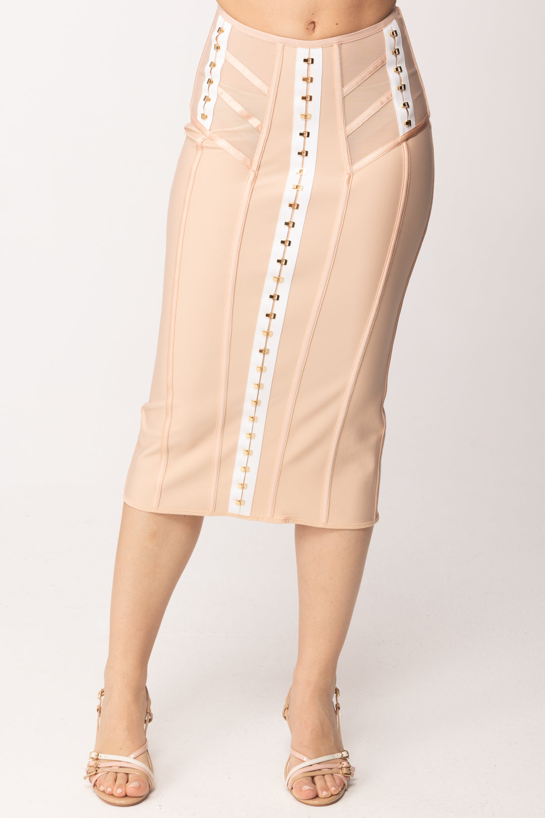 Elisabetta Franchi Gonna Midi Bustier In Tessuto Bielastico e Tulle GO17962E2 NUDE/BIANCO