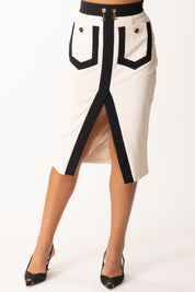 Elisabetta Franchi Gonna Midi Color Block con Logo Charms GOT0156E2 MILK/NERO