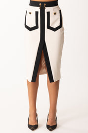 Elisabetta Franchi Gonna Midi Color Block con Logo Charms GOT0156E2 MILK/NERO