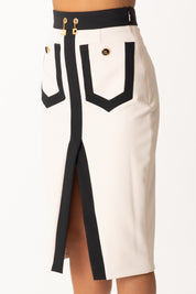 Elisabetta Franchi Gonna Midi Color Block con Logo Charms GOT0156E2 MILK/NERO