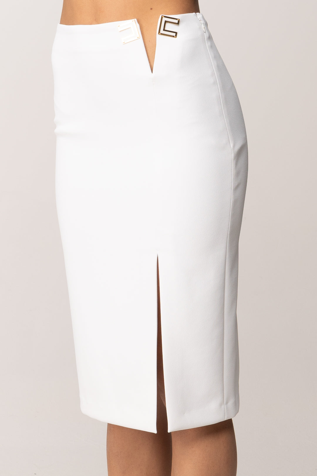 Elisabetta Franchi Gonna Midi con Dettaglio Logo Su Spacchetto GO14761E2 AVORIO