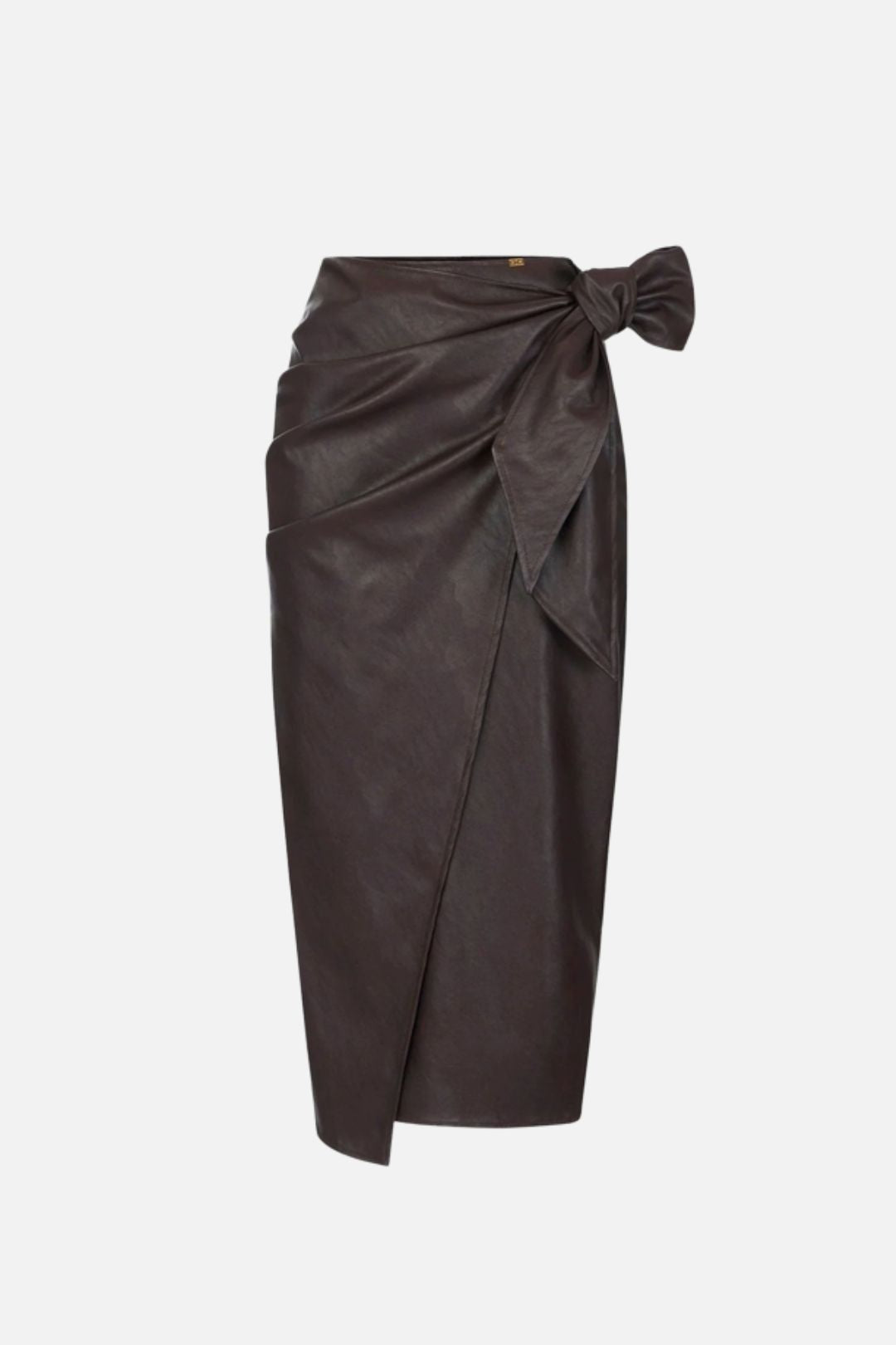 Elisabetta Franchi Gonna Midi Effetto Pelle con Drappeggi e Fusciacca GO21866E2 DARK CHOCOLATE
