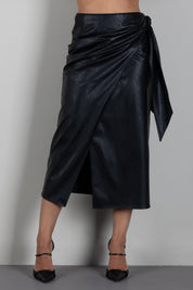 Elisabetta Franchi Gonna Midi Effetto Pelle con Drappeggi e Fusciacca GO21866E2 NERO