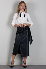 Elisabetta Franchi Gonna Midi Effetto Pelle con Drappeggi e Fusciacca GO21866E2 NERO