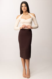 Elisabetta Franchi Gonna Midi In Crepe Leggero con Placca Gioiellogonna GO16861E2 CACAO