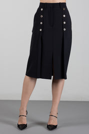Elisabetta Franchi Gonna Midi  In Crêpe Stretch con Bottoni Gioiello GO21666E2 NERO