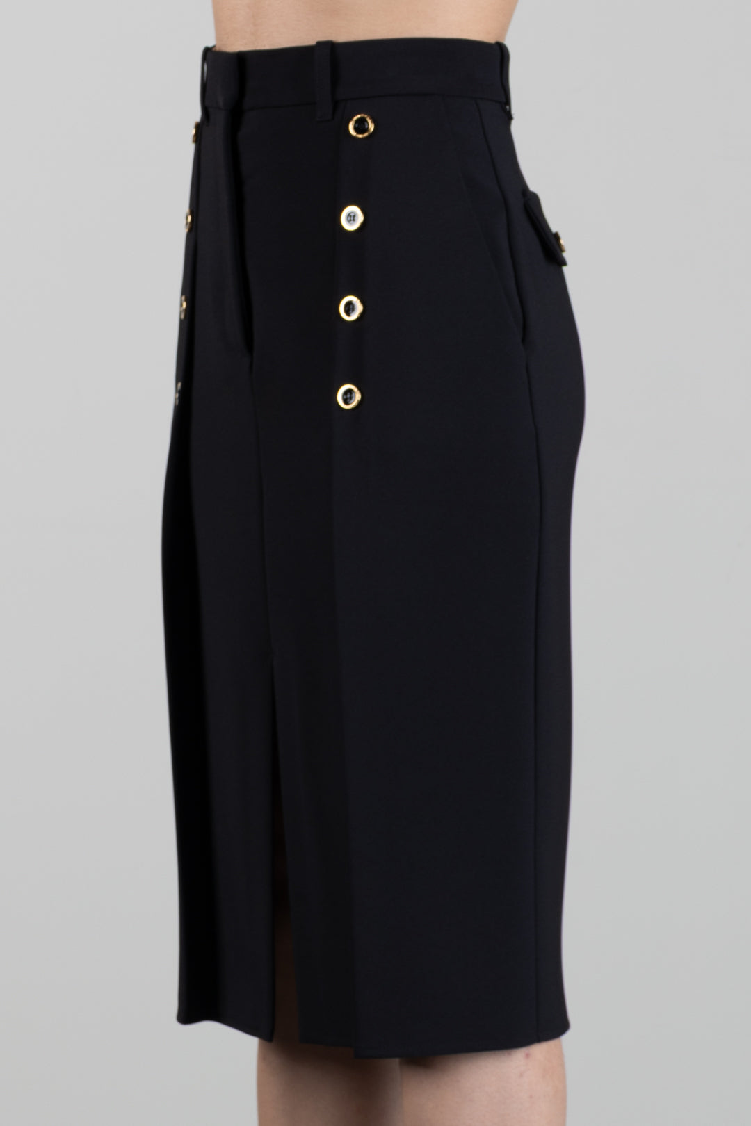 Elisabetta Franchi Gonna Midi  In Crêpe Stretch con Bottoni Gioiello GO21666E2 NERO