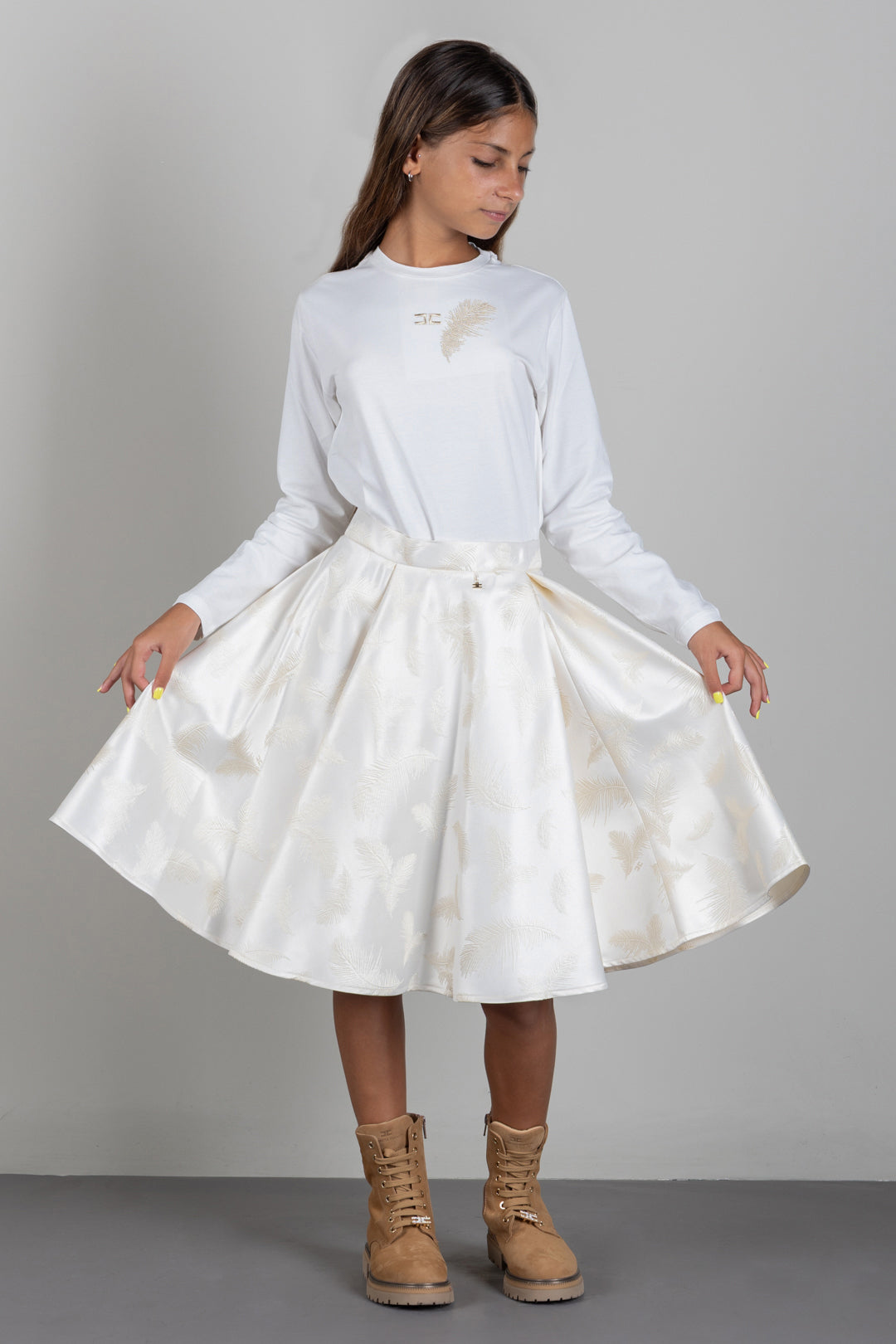 Elisabetta Franchi Bambina Gonna Midi In Jacquard con Piume EFGO2420TV191.0015