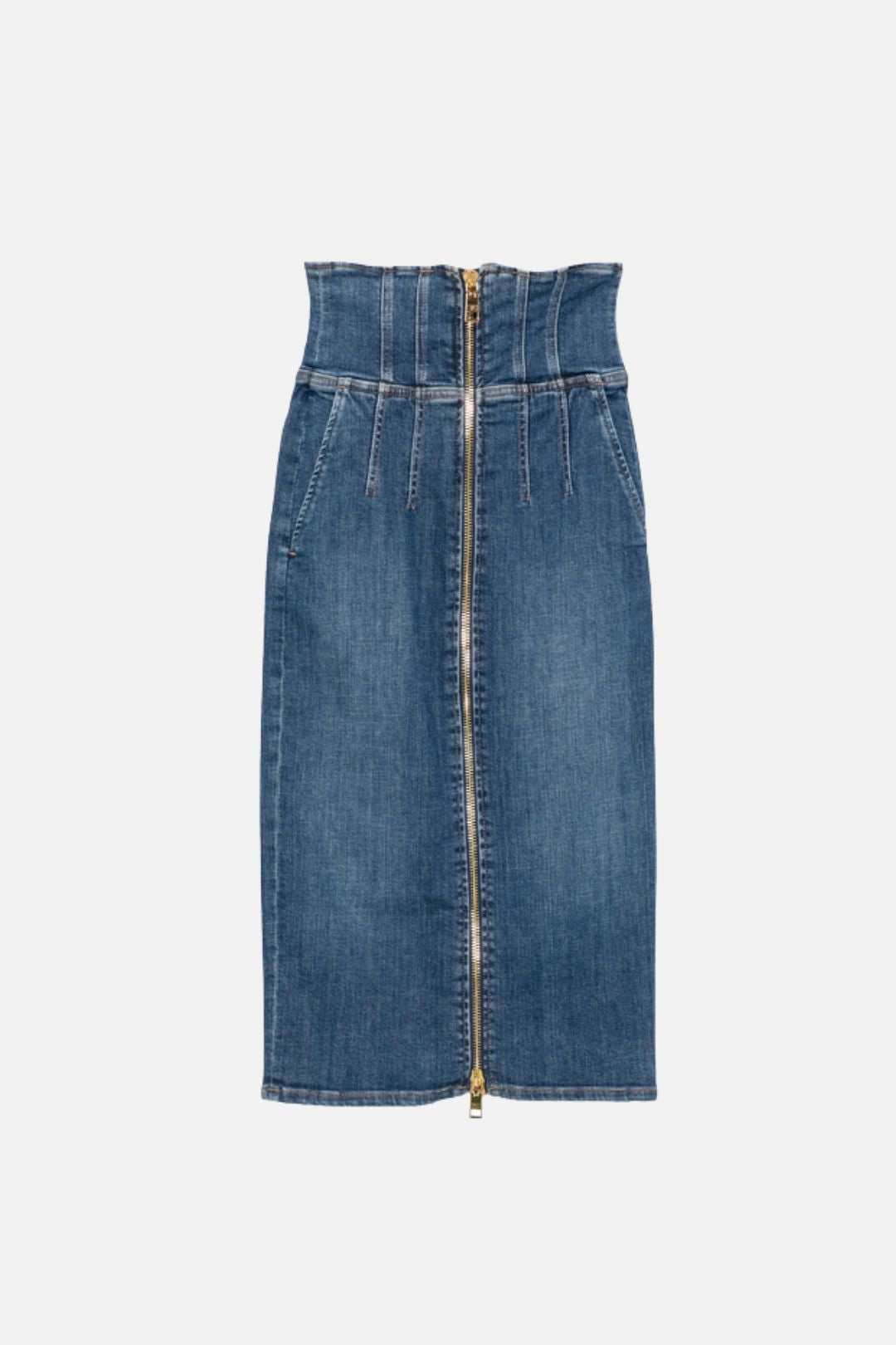 Elisabetta Franchi Gonna Midi In Jeans a Vita Alta con Zip GJ01N66E2 BLUE VINTAGE
