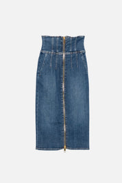 Elisabetta Franchi Gonna Midi In Jeans a Vita Alta con Zip GJ01N66E2 BLUE VINTAGE