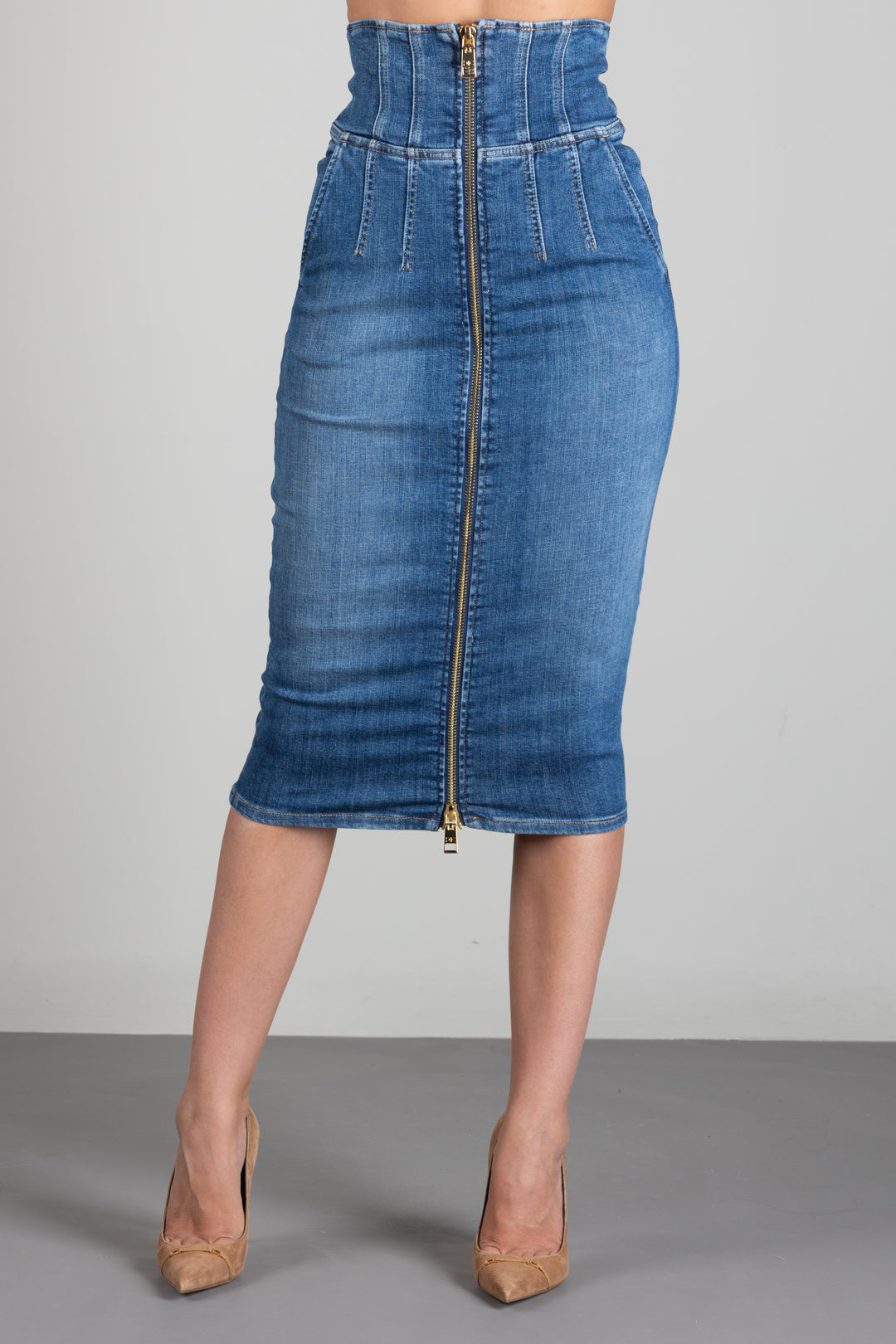 Elisabetta Franchi Gonna Midi In Jeans a Vita Alta con Zip GJ01N66E2 BLUE VINTAGE