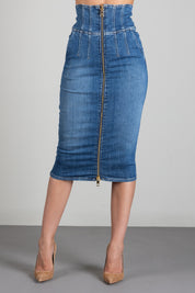 Elisabetta Franchi Gonna Midi In Jeans a Vita Alta con Zip GJ01N66E2 BLUE VINTAGE