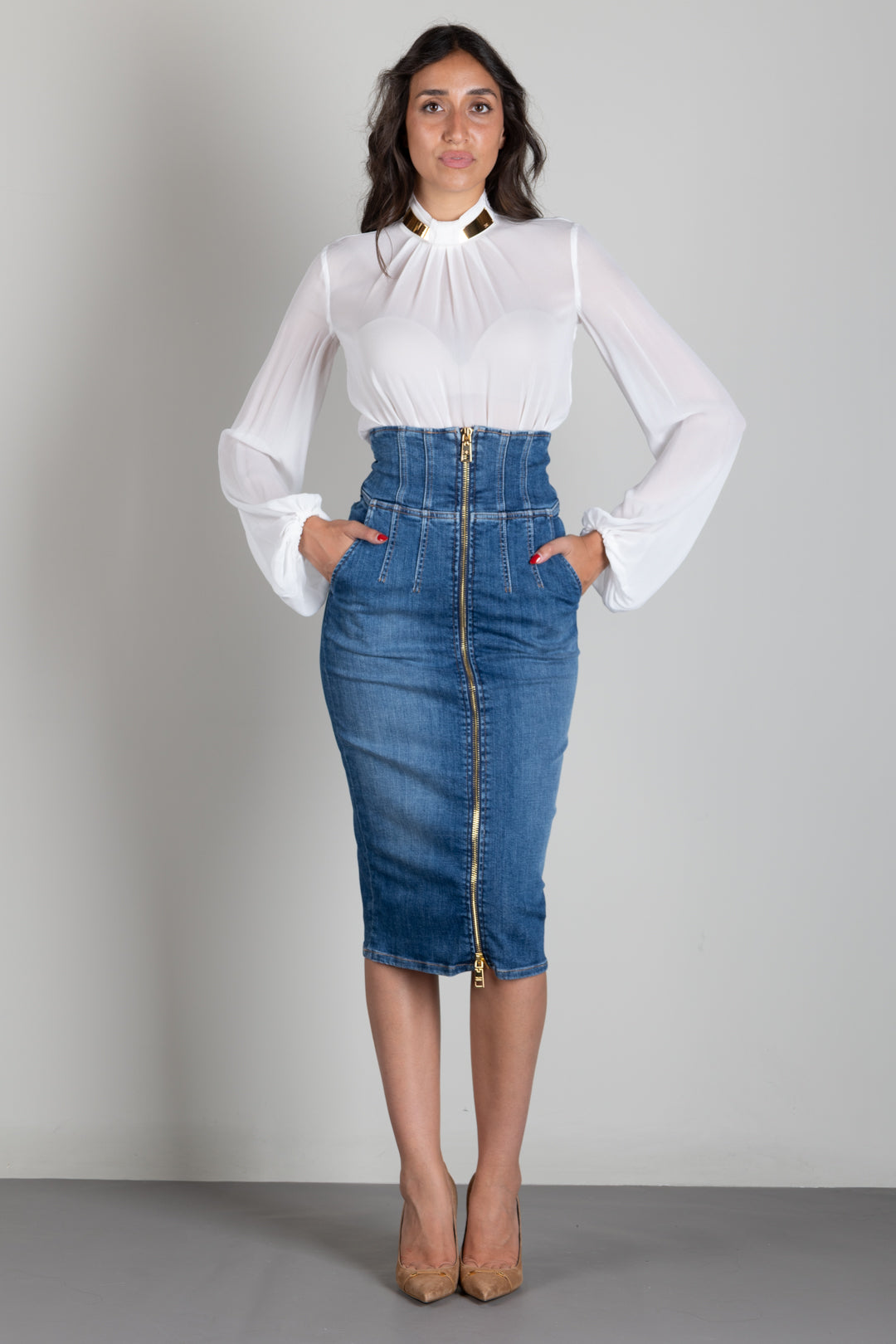 Elisabetta Franchi Gonna Midi In Jeans a Vita Alta con Zip GJ01N66E2 BLUE VINTAGE