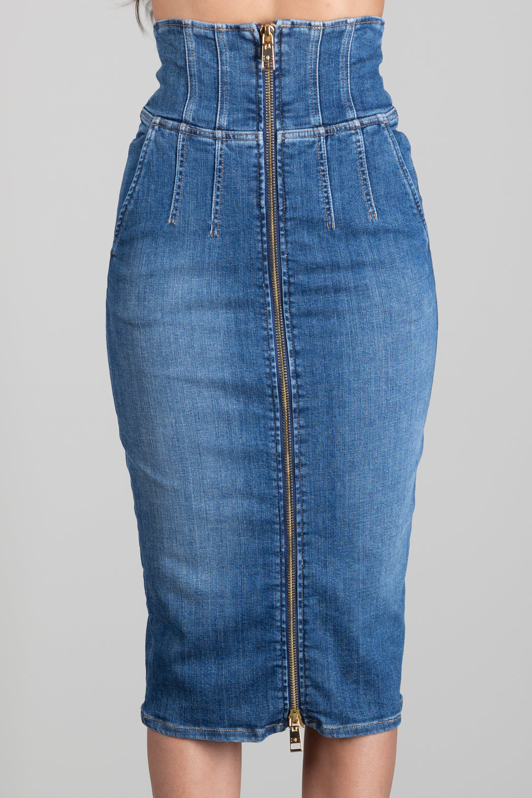 Elisabetta Franchi Gonna Midi In Jeans a Vita Alta con Zip GJ01N66E2 BLUE VINTAGE