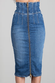 Elisabetta Franchi Gonna Midi In Jeans a Vita Alta con Zip GJ01N66E2 BLUE VINTAGE