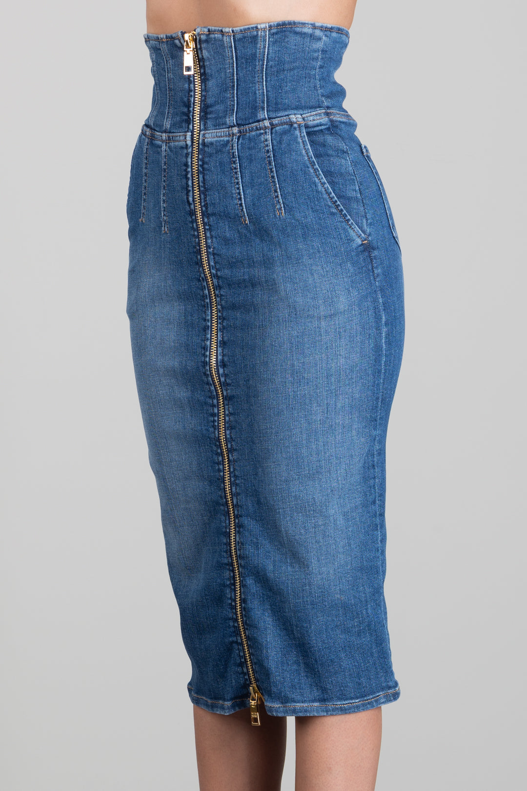 Elisabetta Franchi Gonna Midi In Jeans a Vita Alta con Zip GJ01N66E2 BLUE VINTAGE