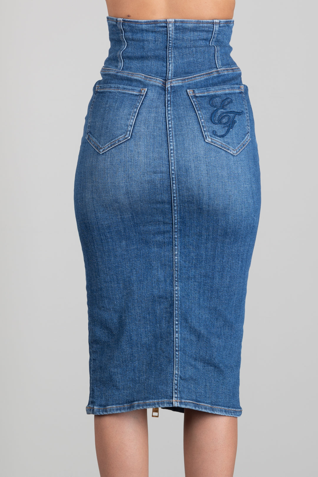 Elisabetta Franchi Gonna Midi In Jeans a Vita Alta con Zip GJ01N66E2 BLUE VINTAGE