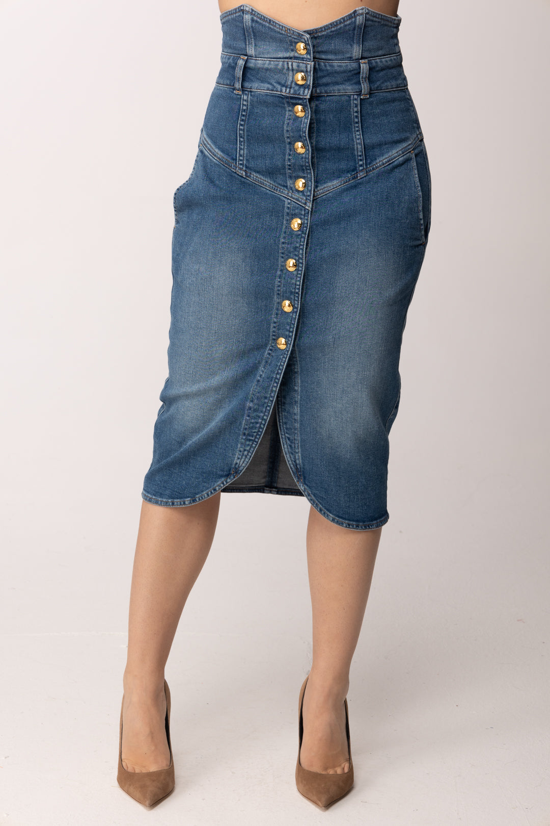 Elisabetta Franchi Gonna Midi In Jeans con Bottoni Gioiello GJ41I61E2 BLUE VINTAGE