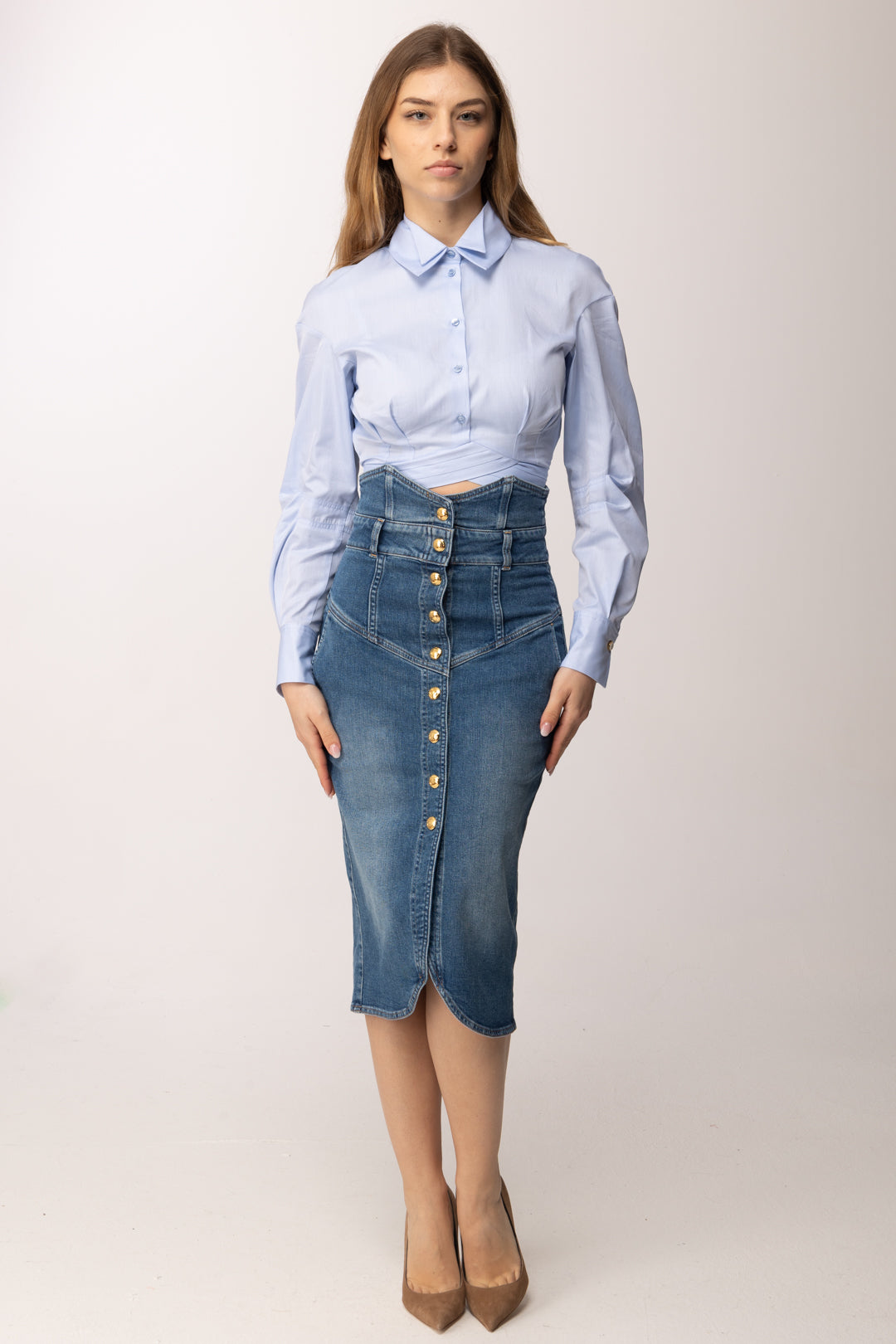 Elisabetta Franchi Gonna Midi In Jeans con Bottoni Gioiello GJ41I61E2 BLUE VINTAGE