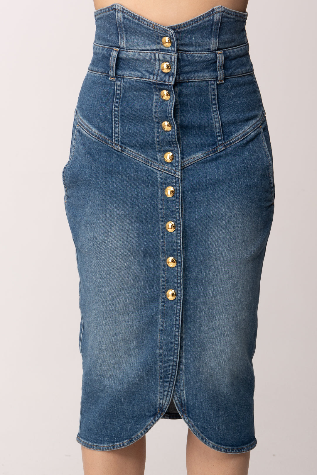 Elisabetta Franchi Gonna Midi In Jeans con Bottoni Gioiello GJ41I61E2 BLUE VINTAGE