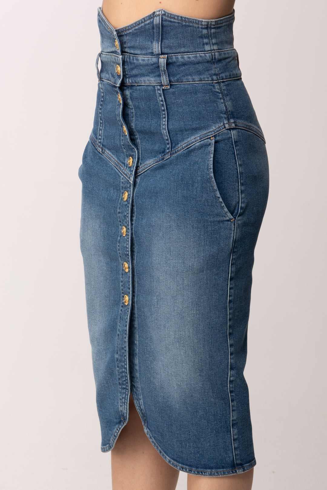 Elisabetta Franchi Gonna Midi In Jeans con Bottoni Gioiello GJ41I61E2 BLUE VINTAGE