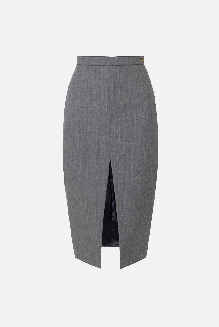 Elisabetta Franchi Gonna Midi In Lana Vergine con Spacco Frontale GO25467E2 GRIGIO MELANGE