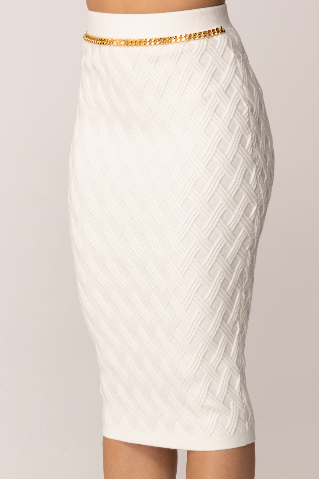 Elisabetta Franchi Gonna Midi In Maglia a Rombi con Cintura Gioiello GK20B56E2 AVORIO