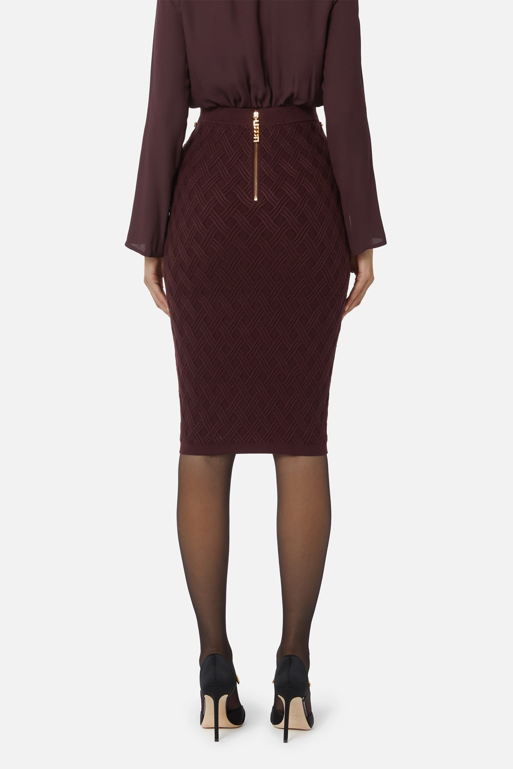 Elisabetta Franchi Gonna Midi In Maglia a Rombi con Cintura Gioiello GK20B56E2 MERLOT