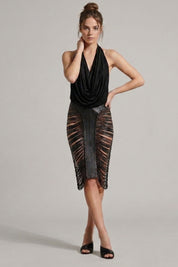 Elisabetta Franchi Gonna Midi In Nappa con Frange GP12G63E2 NERO