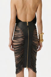 Elisabetta Franchi Gonna Midi In Nappa con Frange GP12G63E2 NERO