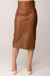 Elisabetta Franchi Gonna Midi In Pelle con Logo Embossed In Vita GP09Z61E2 CUOIO