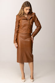 Elisabetta Franchi Gonna Midi In Pelle con Logo Embossed In Vita GP09Z61E2 CUOIO