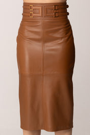 Elisabetta Franchi Gonna Midi In Pelle con Logo Embossed In Vita GP09Z61E2 CUOIO