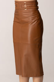 Elisabetta Franchi Gonna Midi In Pelle con Logo Embossed In Vita GP09Z61E2 CUOIO