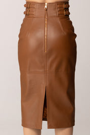 Elisabetta Franchi Gonna Midi In Pelle con Logo Embossed In Vita GP09Z61E2 CUOIO