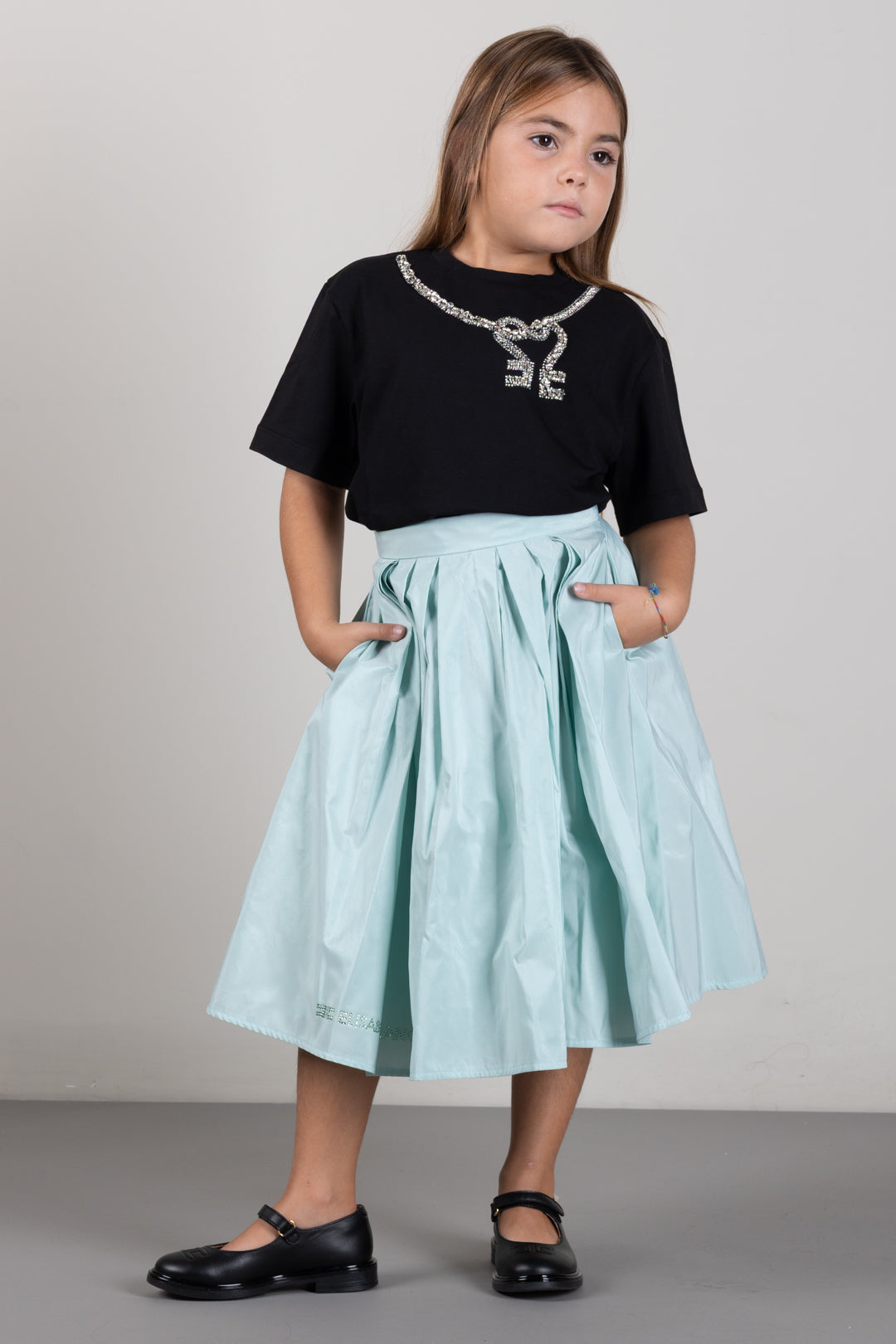 Elisabetta Franchi Bambina Gonna Midi In Taffetà con Applicazione Logo In Strass EFGO2380TF004.1069