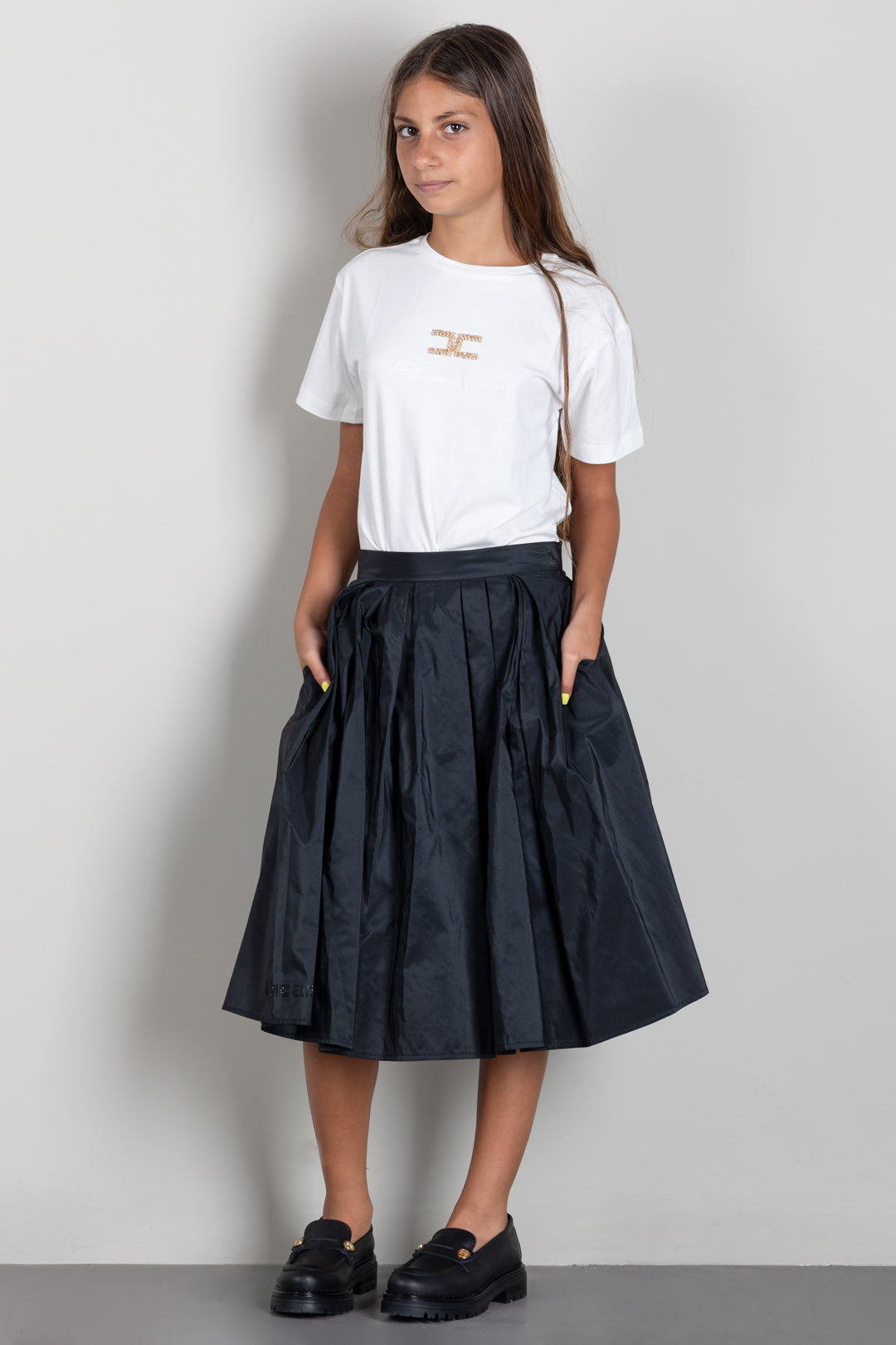 Elisabetta Franchi Bambina Gonna Midi In Taffetà con Applicazione Logo In Strass EFGO2380TF004.N000