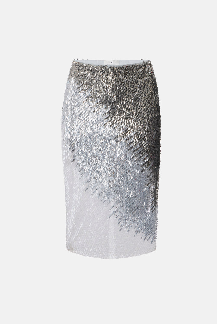 Elisabetta Franchi Gonna Midi In Tulle Metallizzato con Effetto Dégradé GO24367E2 AVORIO