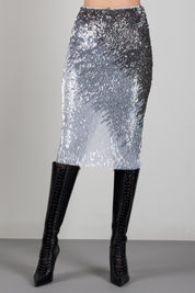 Elisabetta Franchi Gonna Midi In Tulle Metallizzato con Effetto Dégradé GO24367E2 AVORIO