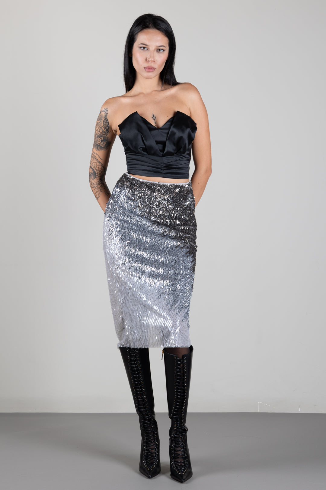 Elisabetta Franchi Gonna Midi In Tulle Metallizzato con Effetto Dégradé GO24367E2 AVORIO