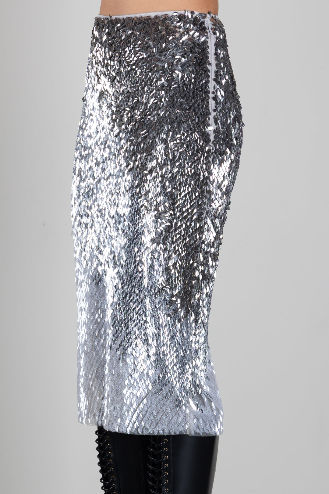 Elisabetta Franchi Gonna Midi In Tulle Metallizzato con Effetto Dégradé GO24367E2 AVORIO