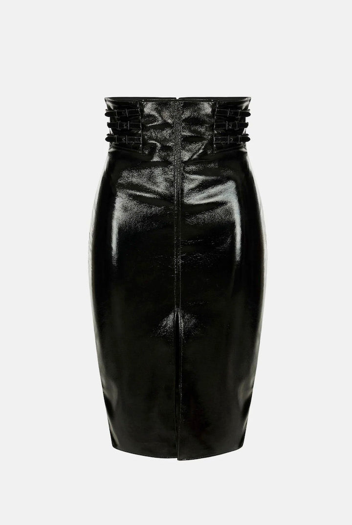 Elisabetta Franchi Gonna Midi Lucida con Cinturini Laterali GO24167E2 NERO