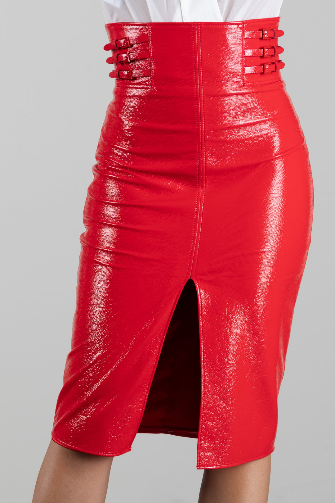 Elisabetta Franchi Gonna Midi Lucida con Cinturini Laterali GO24167E2 RED PASSION
