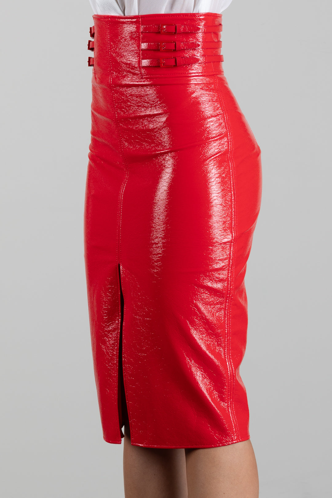 Elisabetta Franchi Gonna Midi Lucida con Cinturini Laterali GO24167E2 RED PASSION