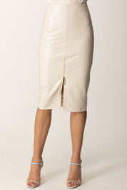 Elisabetta Franchi Gonna Midi Stampa Cocco e Spacco con Zip GO10856E2 MILK