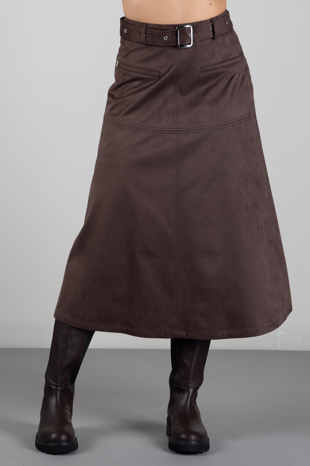 Manila Grace Gonna Midi Svasata Effetto Suede con Cintura N025PU POTTING SOIL :AI26