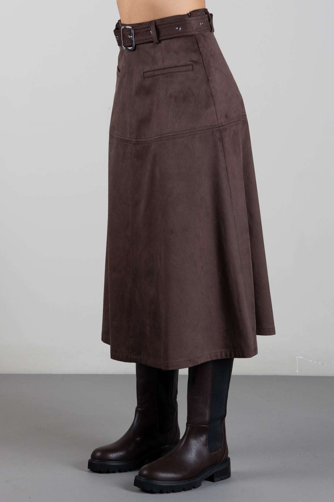 Manila Grace Gonna Midi Svasata Effetto Suede con Cintura N025PU POTTING SOIL :AI26