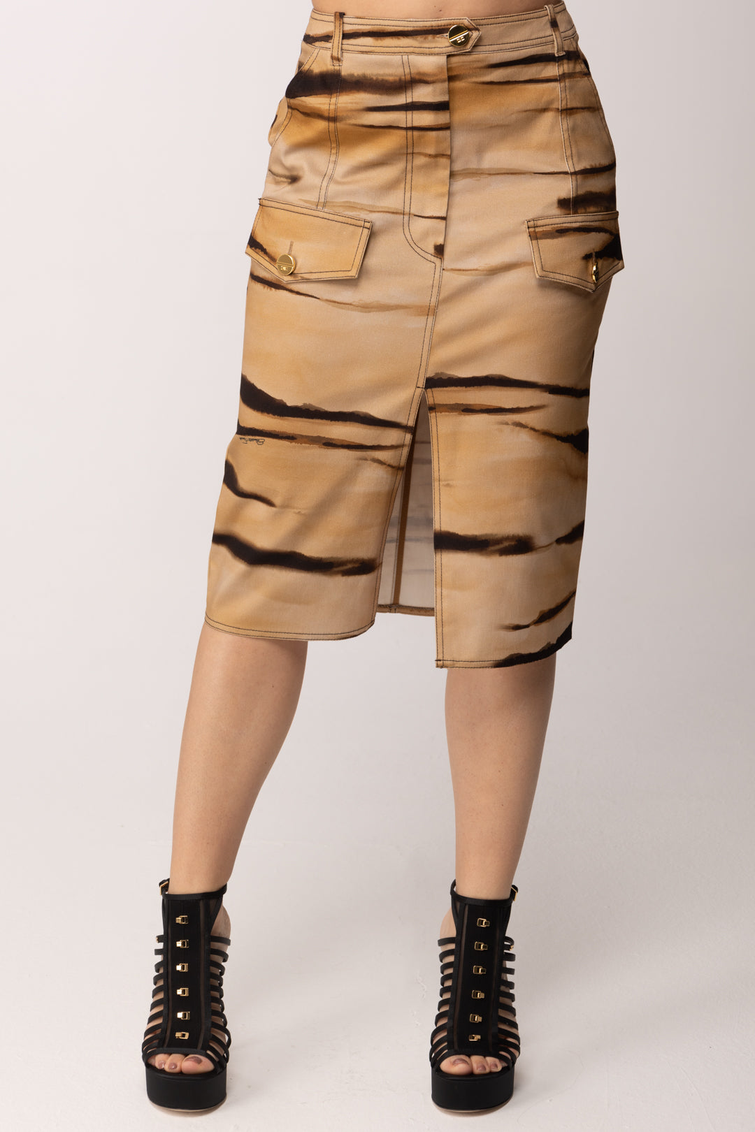 Elisabetta Franchi Gonna Tubino In Drill con Stampa Tigre GO18362E2 CAMMELLO